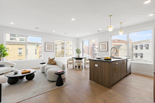 35 Orchard St Unit 301, Jersey City, NJ 07306 - kitchen featuring stainless steel dishwasher, dark brown cabinetry, open floor plan, modern cabinets, and a sink
