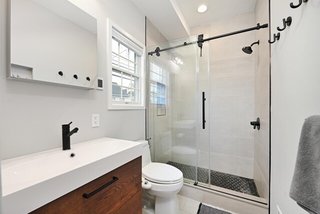 4 Sherman Ave Unit 1, Jersey City, NJ 07307 - full bath featuring vanity, a shower stall, recessed lighting, and tile patterned flooring