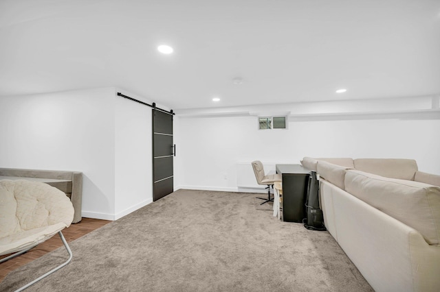 2505 Palisade Ave, Union City, NJ 07087 - carpeted living area with a barn door, recessed lighting, and baseboards
