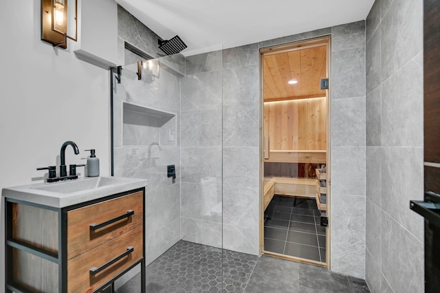 2505 Palisade Ave, Union City, NJ 07087 - full bathroom with a walk in shower, tile patterned floors, and vanity