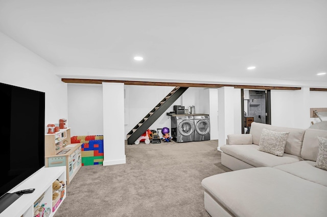 2505 Palisade Ave, Union City, NJ 07087 - carpeted living area featuring separate washer and dryer, stairs, and recessed lighting