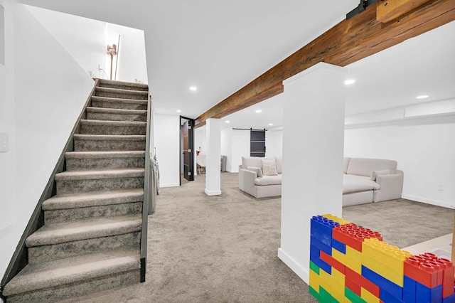 2505 Palisade Ave, Union City, NJ 07087 - stairway featuring carpet flooring, a barn door, recessed lighting, and baseboards