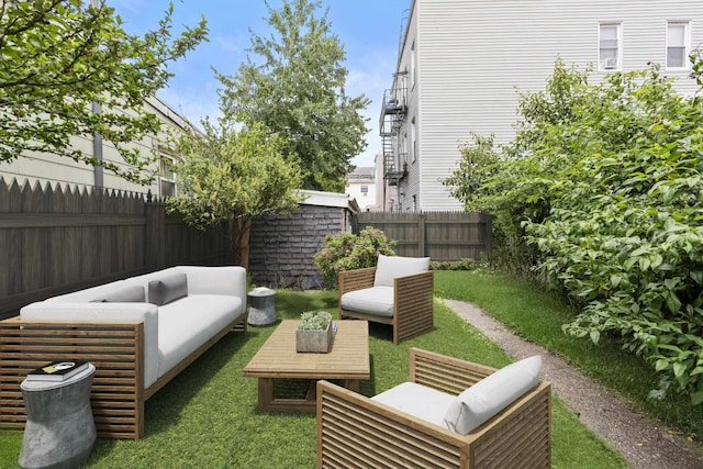 view of patio / terrace featuring a fenced backyard and an outdoor hangout area