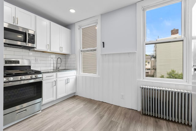 kitchen with dark stone countertops, radiator, light wood-style flooring, a sink, and appliances with stainless steel finishes