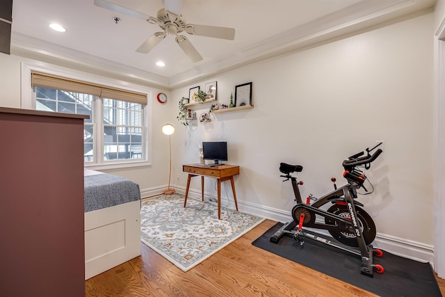 215 Monroe St Unit 3, Hoboken, NJ 07030 - workout area featuring wood finished floors, ceiling fan, ornamental molding, and recessed lighting