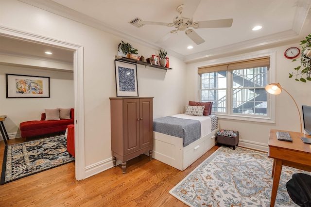 215 Monroe St Unit 3, Hoboken, NJ 07030 - bedroom featuring light wood-style floors, crown molding, ceiling fan, and recessed lighting