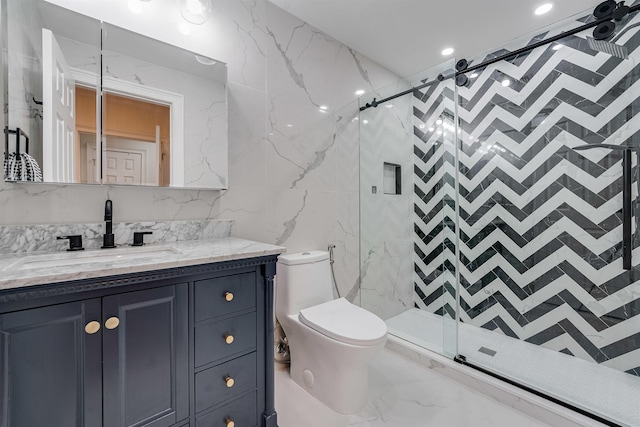 215 Monroe St Unit 3, Hoboken, NJ 07030 - bathroom featuring marble tiled flooring, tile walls, vanity, a shower stall, and recessed lighting