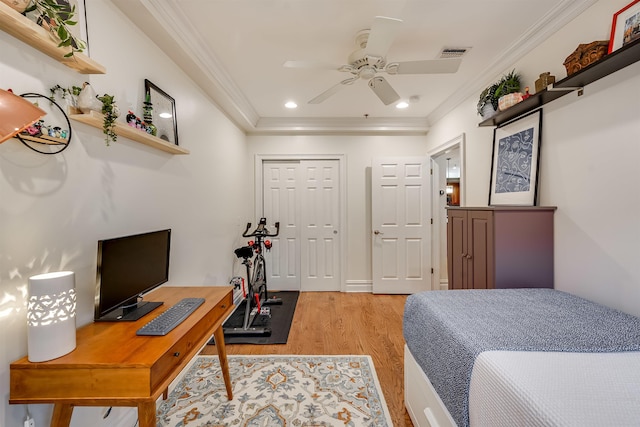 215 Monroe St Unit 3, Hoboken, NJ 07030 - bedroom featuring ornamental molding, light wood-style flooring, recessed lighting, a desk, and a closet