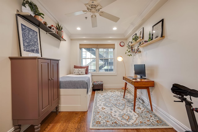 215 Monroe St Unit 3, Hoboken, NJ 07030 - bedroom with crown molding, light wood finished floors, a desk, a ceiling fan, and recessed lighting