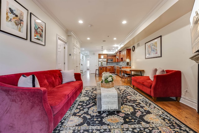 215 Monroe St Unit 3, Hoboken, NJ 07030 - living room with ornamental molding, light wood-type flooring, and recessed lighting