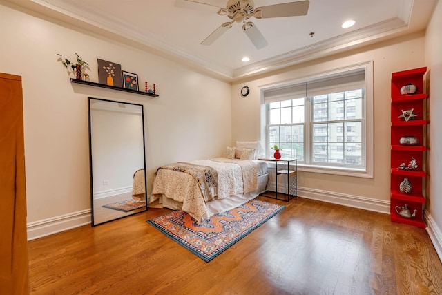 215 Monroe St Unit 3, Hoboken, NJ 07030 - bedroom featuring ornamental molding, wood finished floors, ceiling fan, recessed lighting, and a tray ceiling