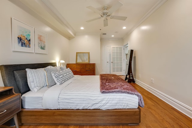 215 Monroe St Unit 3, Hoboken, NJ 07030 - bedroom featuring ornamental molding, wood finished floors, a ceiling fan, and recessed lighting