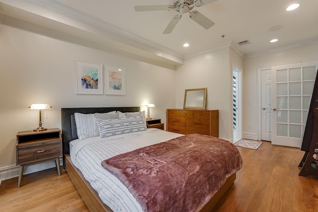 215 Monroe St Unit 3, Hoboken, NJ 07030 - bedroom featuring ornamental molding, light wood-style floors, recessed lighting, and ceiling fan