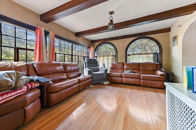 living room featuring beam ceiling and light hardwood / wood-style flooring