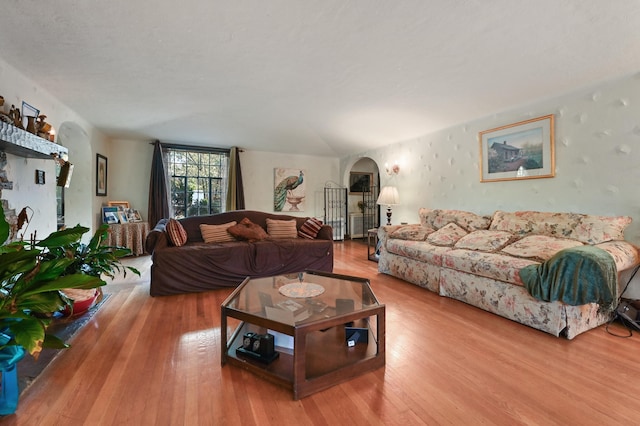 living room featuring light hardwood / wood-style flooring and lofted ceiling