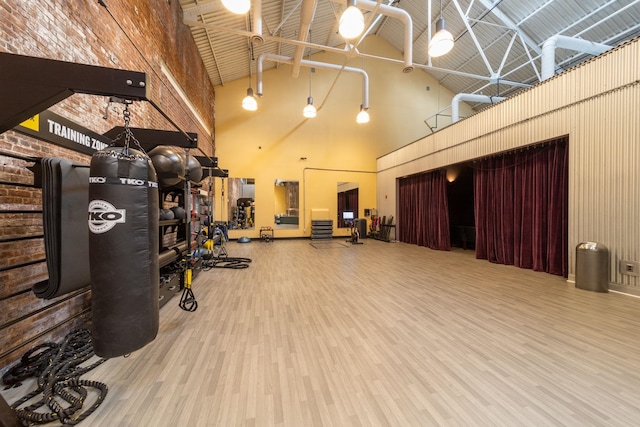 workout area featuring high vaulted ceiling and wood finished floors