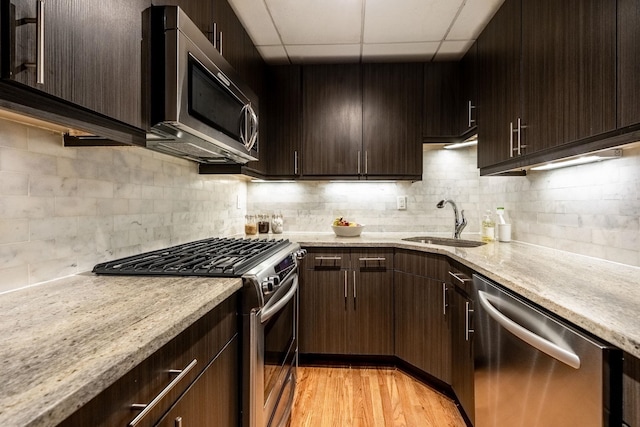 kitchen featuring appliances with stainless steel finishes, a sink, backsplash, light wood-style flooring, and a drop ceiling