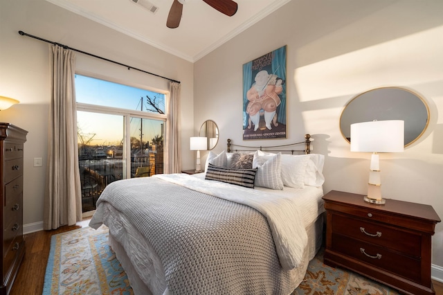 bedroom featuring access to exterior, visible vents, ornamental molding, wood finished floors, and a ceiling fan