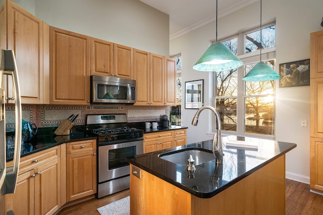 kitchen featuring a sink, backsplash, crown molding, stainless steel appliances, and dark wood-style flooring