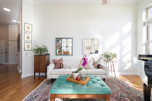 living room with crown molding, wood finished floors, and baseboards