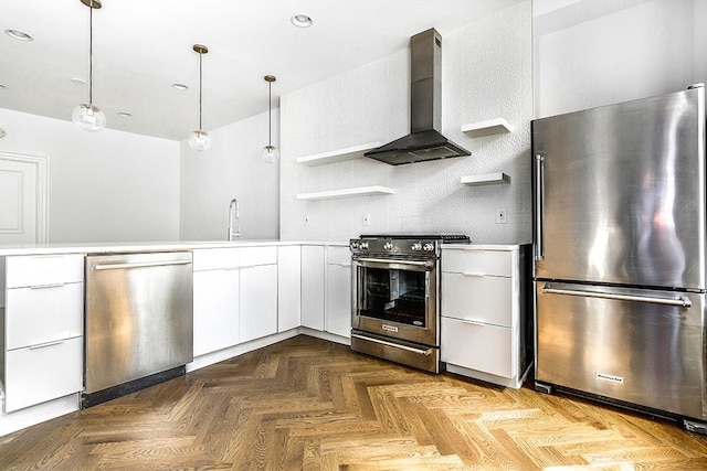 kitchen with wall chimney range hood, light countertops, white cabinets, stainless steel appliances, and open shelves