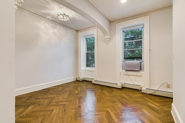 empty room featuring crown molding, cooling unit, arched walkways, and baseboards