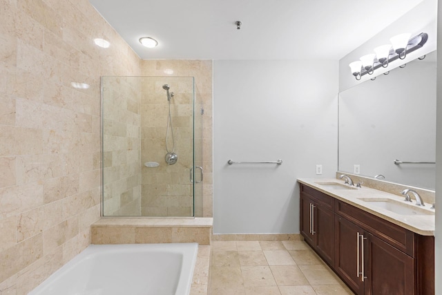 bathroom featuring vanity, tile patterned flooring, and independent shower and bath