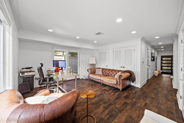 living room featuring dark hardwood / wood-style flooring and ornamental molding