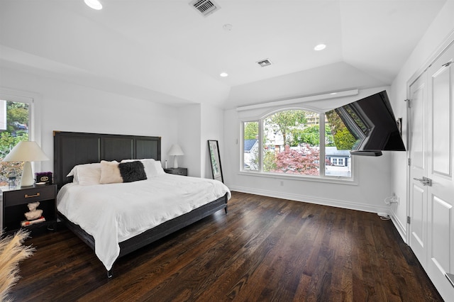 bedroom with lofted ceiling and dark hardwood / wood-style flooring