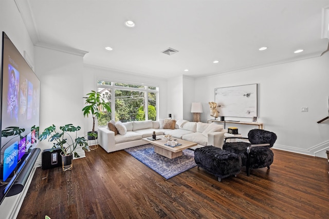 living room featuring ornamental molding and dark wood-type flooring