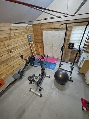 exercise area with wood walls