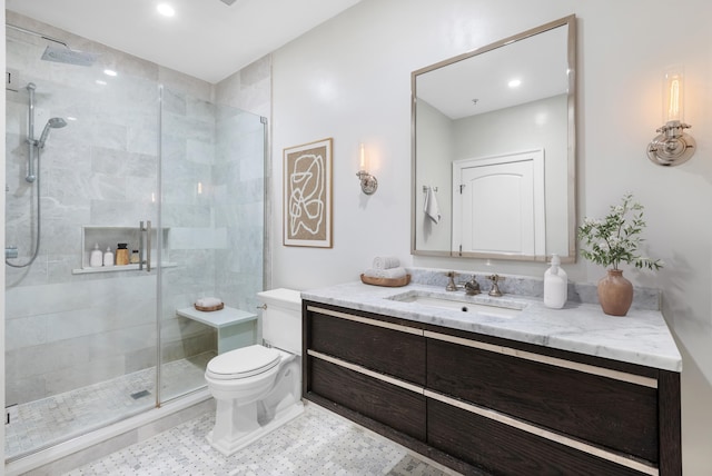 15 Warren St Unit 102, Jersey City, NJ 07032 - full bathroom with vanity, a stall shower, toilet, and recessed lighting