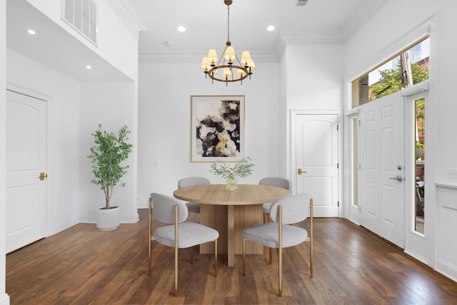 15 Warren St Unit 102, Jersey City, NJ 07032 - dining area featuring a chandelier, dark wood-style floors, ornamental molding, and recessed lighting