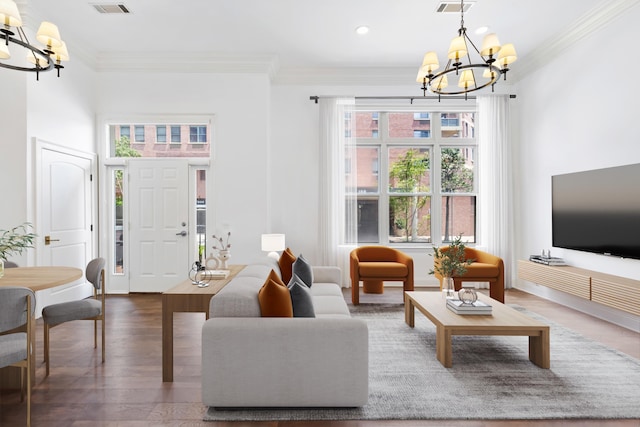 15 Warren St Unit 102, Jersey City, NJ 07032 - living room with a chandelier, ornamental molding, healthy amount of natural light, wood finished floors, and recessed lighting