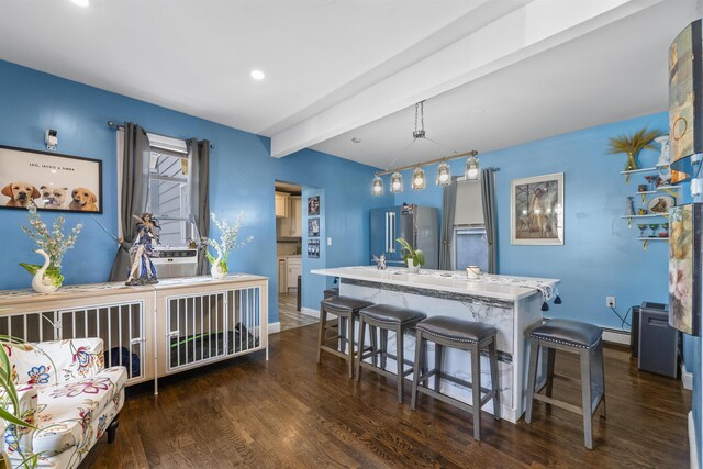 1501 41st St, North Bergen, NJ 07047 - kitchen featuring high end refrigerator, beamed ceiling, dark wood-type flooring, a kitchen island with sink, and a baseboard radiator