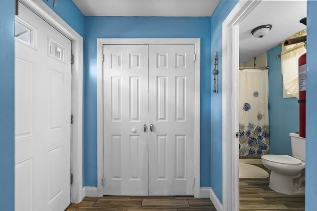 1501 41st St, North Bergen, NJ 07047 - bathroom featuring wood finish floors and curtained shower