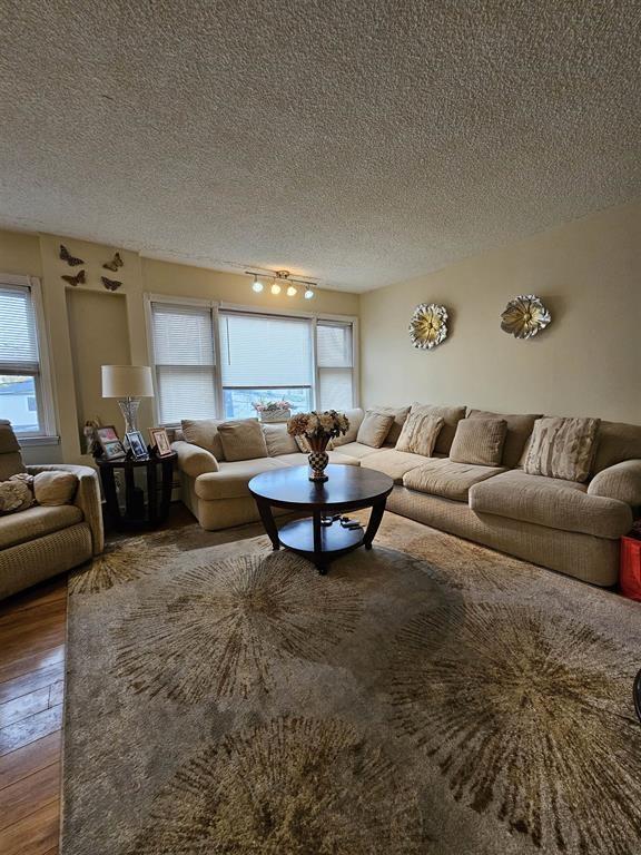 living room with plenty of natural light, a textured ceiling, and hardwood / wood-style flooring