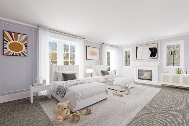carpeted bedroom featuring a glass covered fireplace