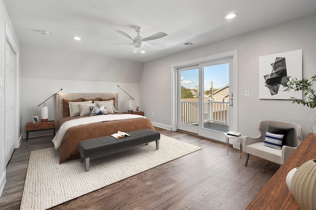 bedroom featuring a closet, access to outside, dark hardwood / wood-style floors, and ceiling fan