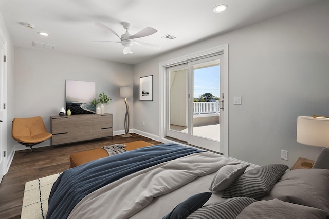 bedroom with access to exterior, ceiling fan, and dark hardwood / wood-style flooring