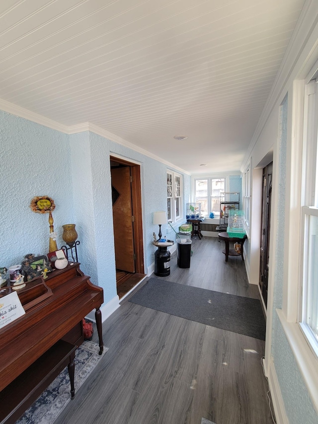 interior space featuring crown molding and a textured wall