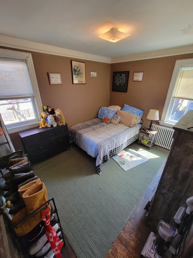 bedroom featuring ornamental molding, multiple windows, and wood finished floors