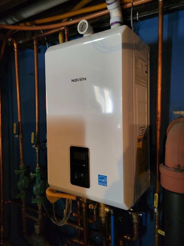 utility room with tankless water heater