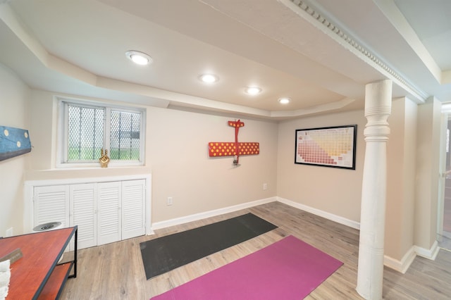 25 Poplar St, Jersey City, NJ 07307 - workout room featuring a raised ceiling, wood finished floors, and recessed lighting