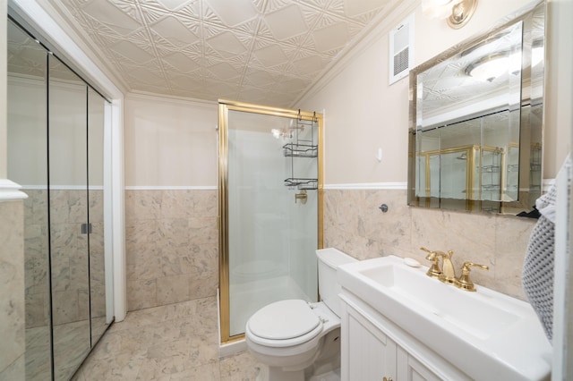 25 Poplar St, Jersey City, NJ 07307 - bathroom featuring tile walls, ornamental molding, vanity, a shower stall, and wainscoting
