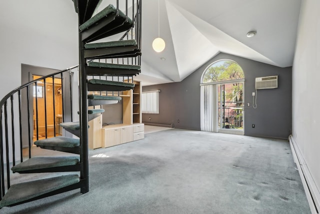 interior space with high vaulted ceiling, a baseboard heating unit, stairs, and carpet floors