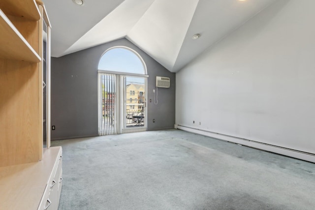 unfurnished living room featuring carpet floors, a baseboard radiator, a wall mounted AC, and vaulted ceiling