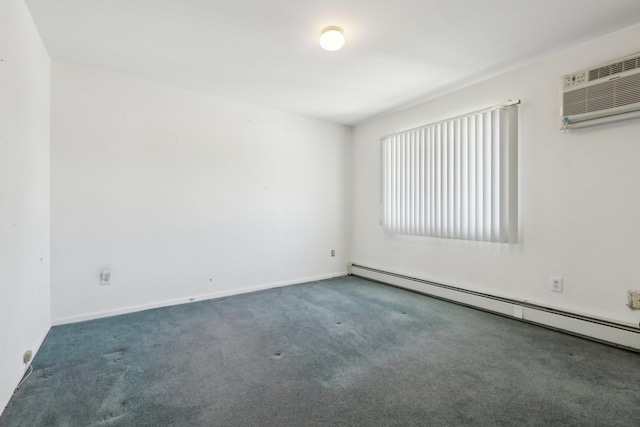 empty room with carpet floors, a wall unit AC, and a baseboard heating unit