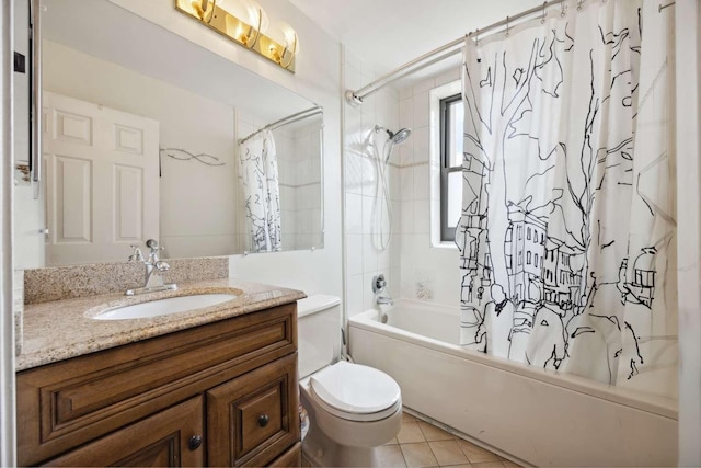 full bath with vanity, toilet, shower / bath combo, and tile patterned flooring