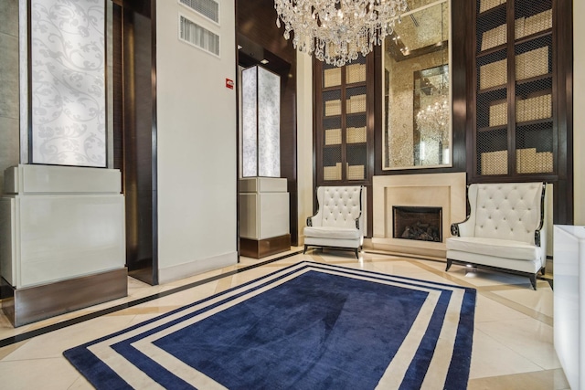 unfurnished room featuring an inviting chandelier